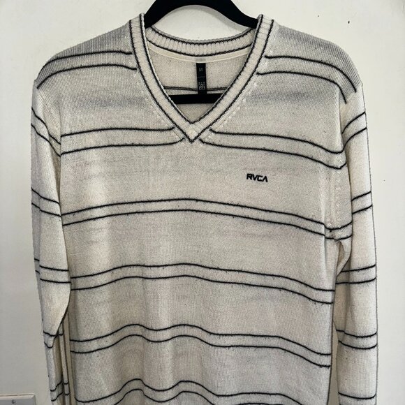 RVCA Men's White and Black Striped V-Neck Sweater Size M - Picture 1 of 4